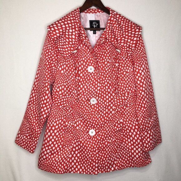 Abbie  Mags Red White Polka Dot Trench Coat - Picture 1 of 14